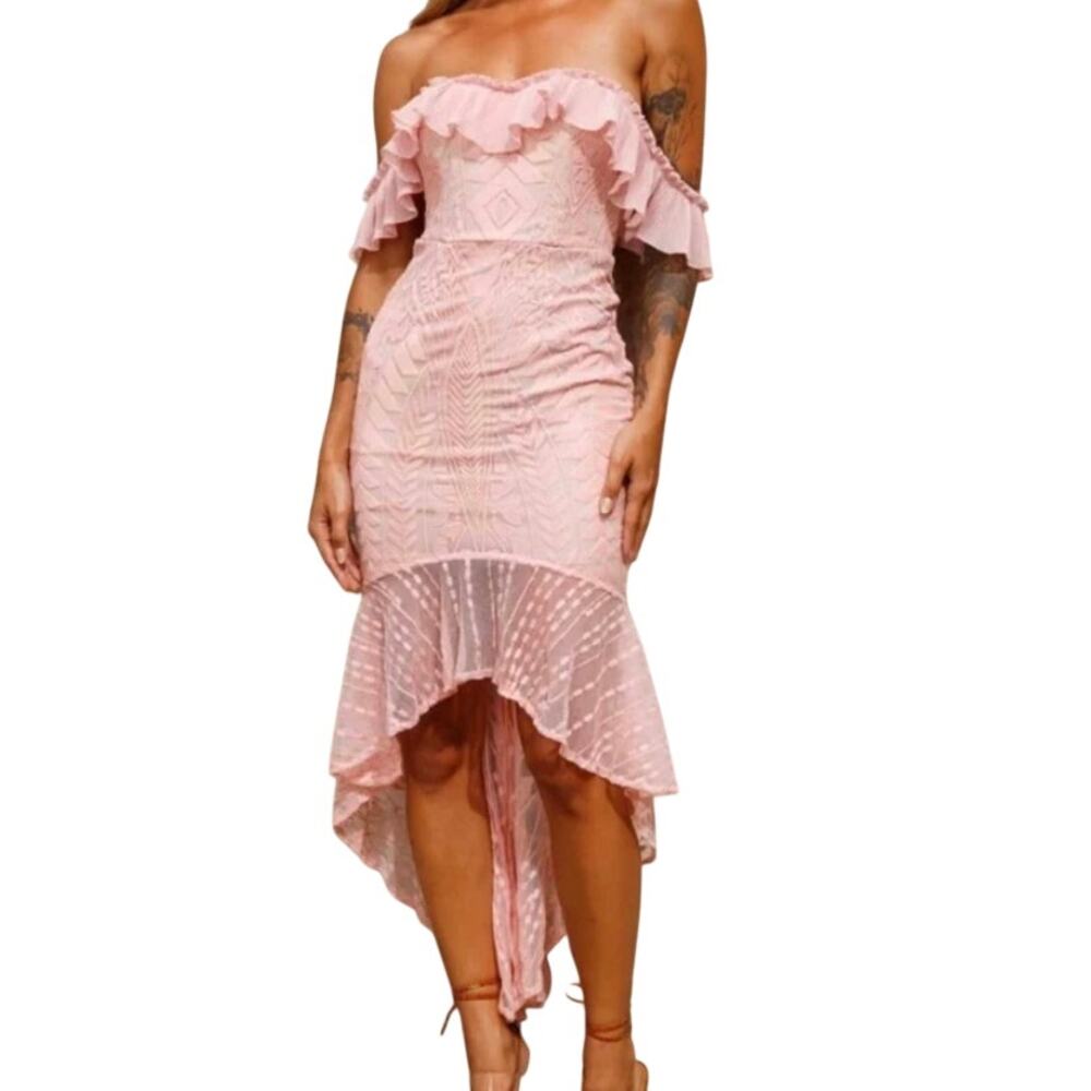 Selfie Leslie NEW Blush Dreamy Off-Shoulder Embroidered Mesh High-Low Hem Dress